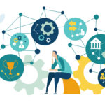 Thinking Businessman surrounded by communication icons. Business developing and support,  brainstorming, Global business, logistics, concept illustration