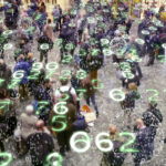 Mobile devices emitting data in a crowd of people.