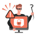 Thief hacking personal data in computer vector flat illustration. Cyber security, internet virus, cyber crime.